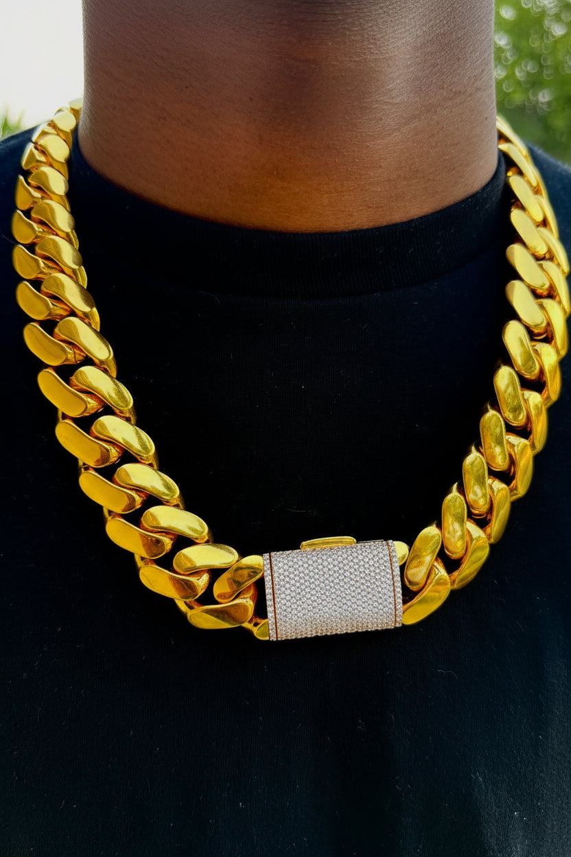 Diamond lock Cuban link chain laid flat showing full length