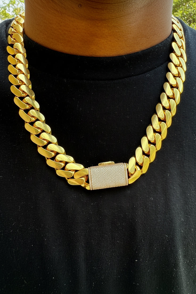 Diamond lock Cuban link chain close-up of clasp detail