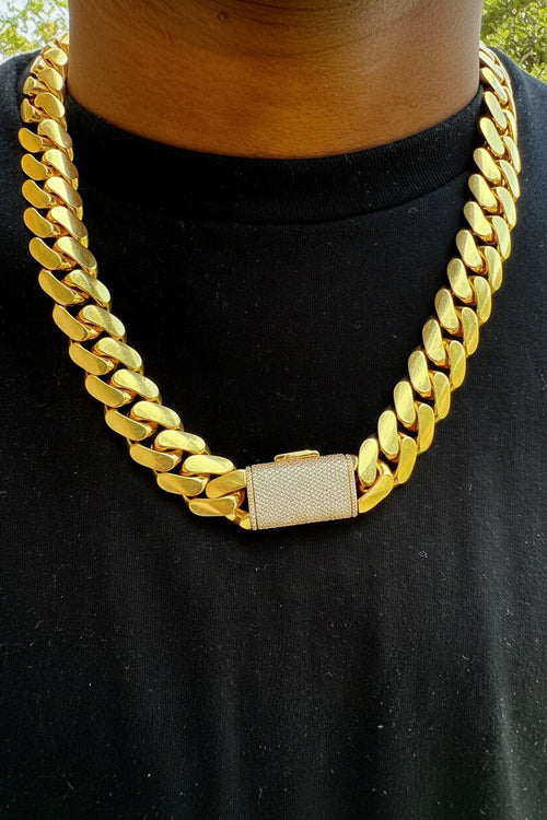 Diamond lock Cuban link chain close-up of clasp detail