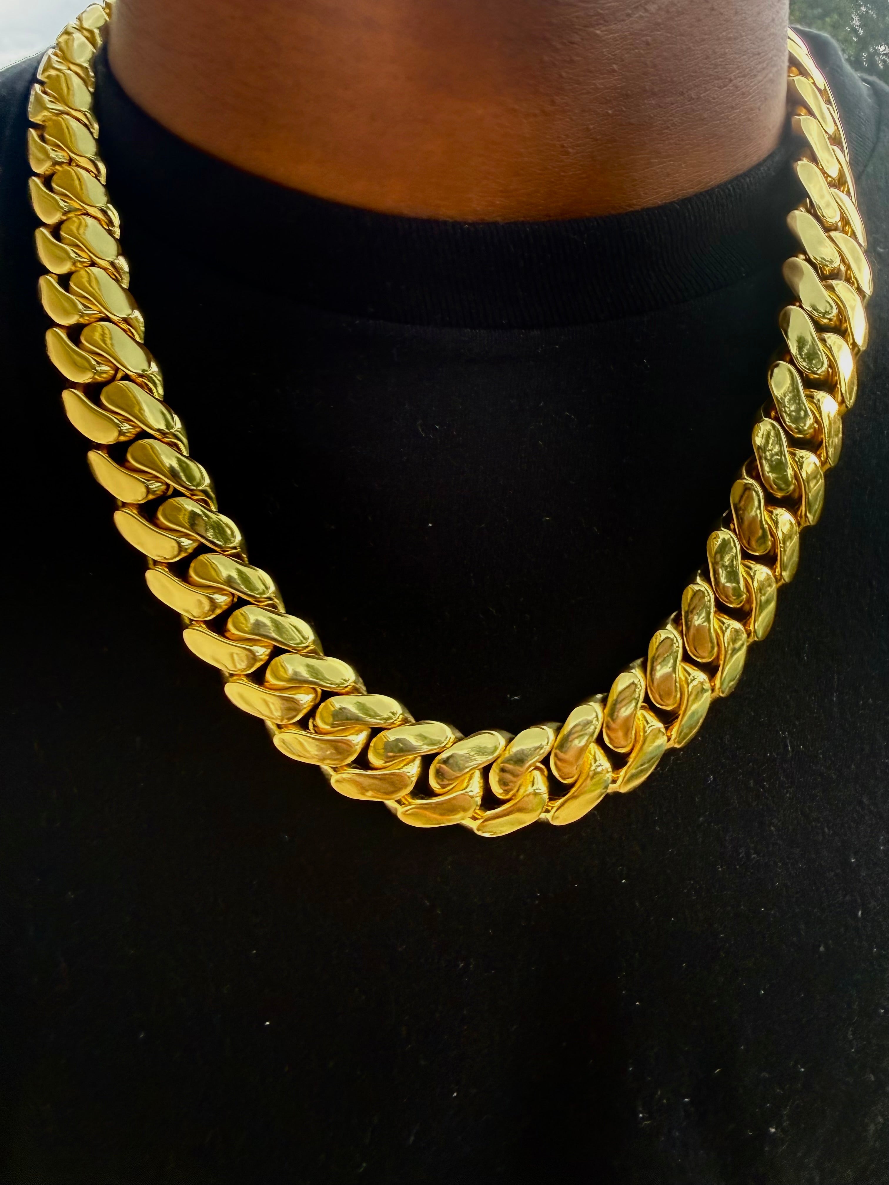 Yellow gold Cuban link chain 14k gold plated necklace, front view